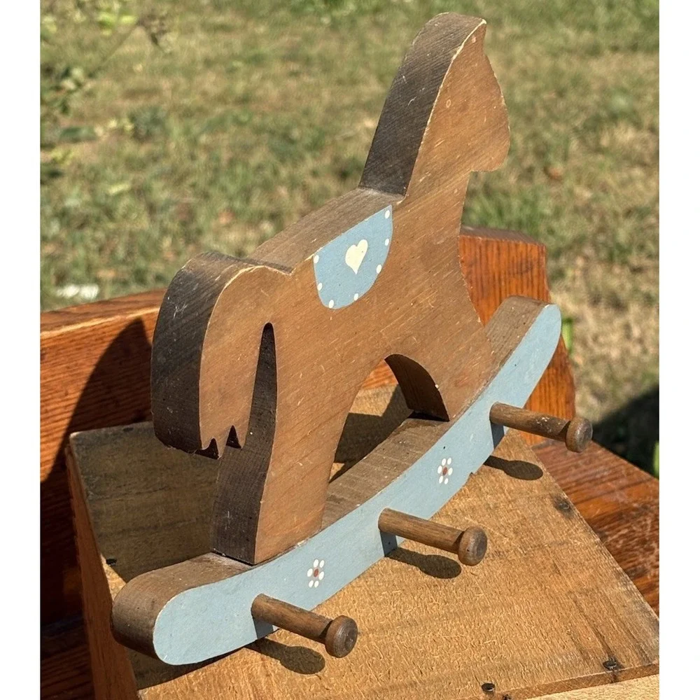 Wooden Rocking Horse Wall Hanging Blue Saddle Heart 3 Hooks Cottagecore 7